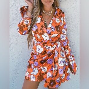 Zara Satin Orange and Purple Floral Long Sleeve Dress
